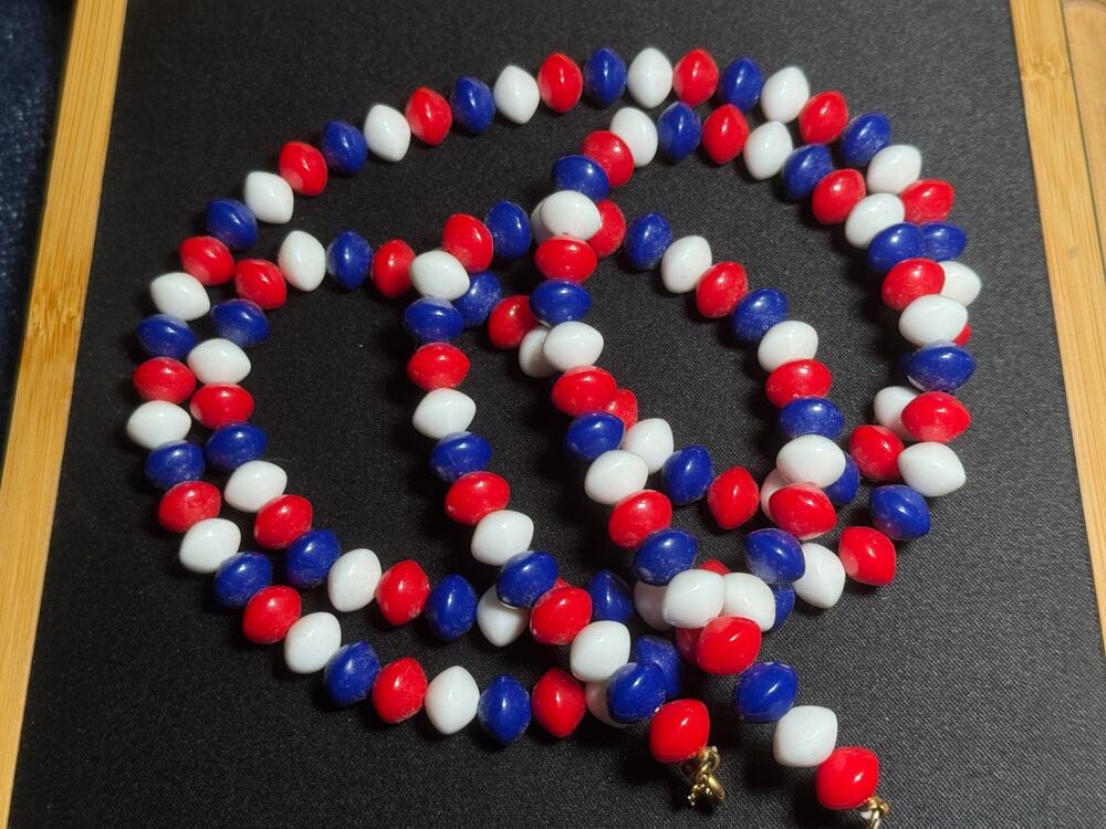 Vintage Trifari 42 in Red White Blue Lucite Bead Necklace